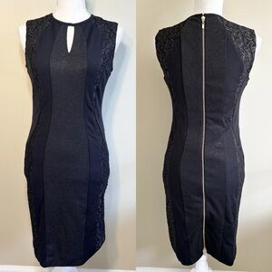 Cache 2 Dress Sleeveless Black Gold Contrast Keyhole Neck Back 2-Way Zipper